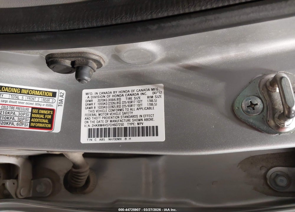 2012 HONDA CR-V EX VIN: 2HKRM4H57CH607250
