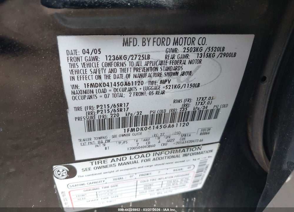 2005 FORD FREESTYLE SE VIN: 1FMDK04145GA61120