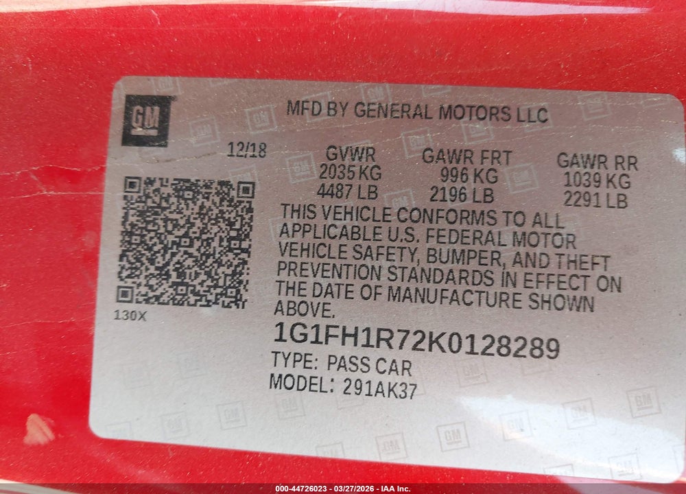 2019 CHEVROLET CAMARO 2SS VIN: 1G1FH1R72K0128289
