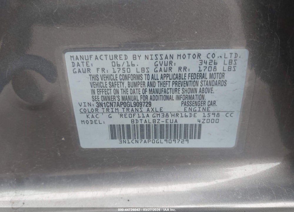 2016 NISSAN VERSA 1.6 SV VIN: 3N1CN7AP0GL909729