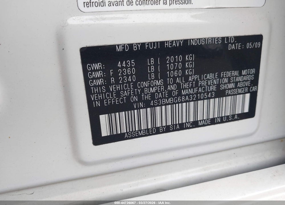 2010 SUBARU LEGACY 2.5I PREMIUM VIN: 4S3BMBG68A3210543