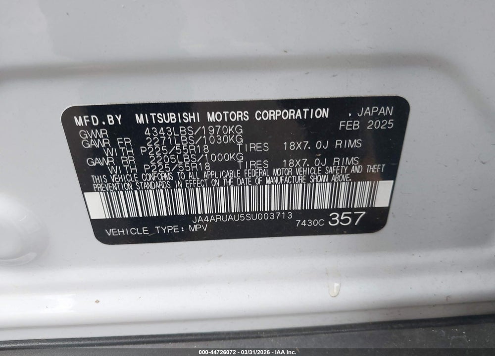 2025 MITSUBISHI OUTLANDER SPORT 2.0 ES AWC/2.0 LE AWC/2.0 S AWC/2.0 SE AWC/2.0 TRAIL EDITION AWC VIN: JA4ARUAU5SU003713