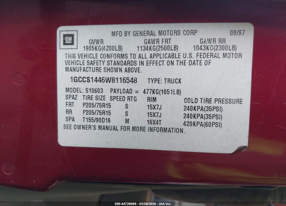 1998 CHEVROLET S-10 LS FLEETSIDE VIN: 1GCCS1446W8116548