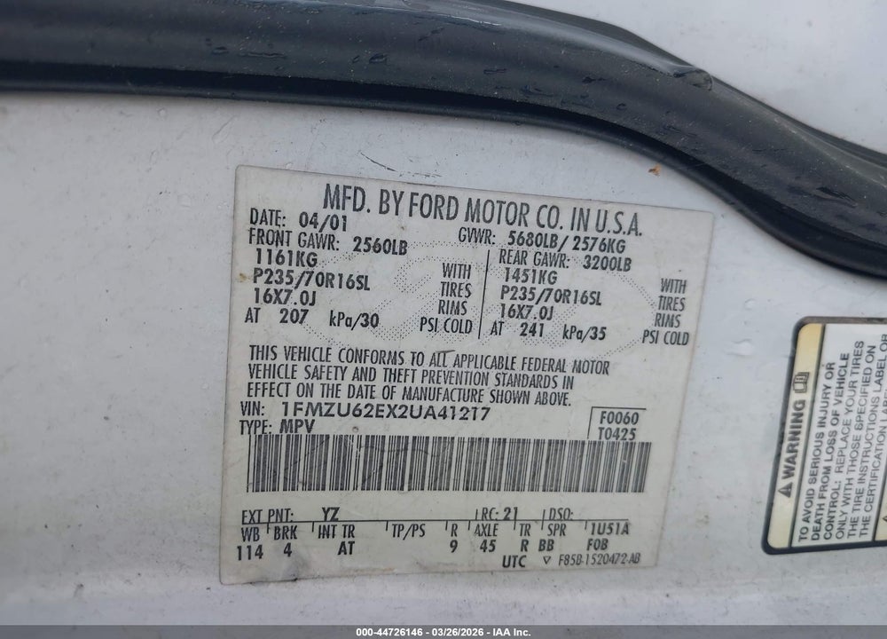 2002 FORD EXPLORER XLS VIN: 1FMZU62EX2UA41217