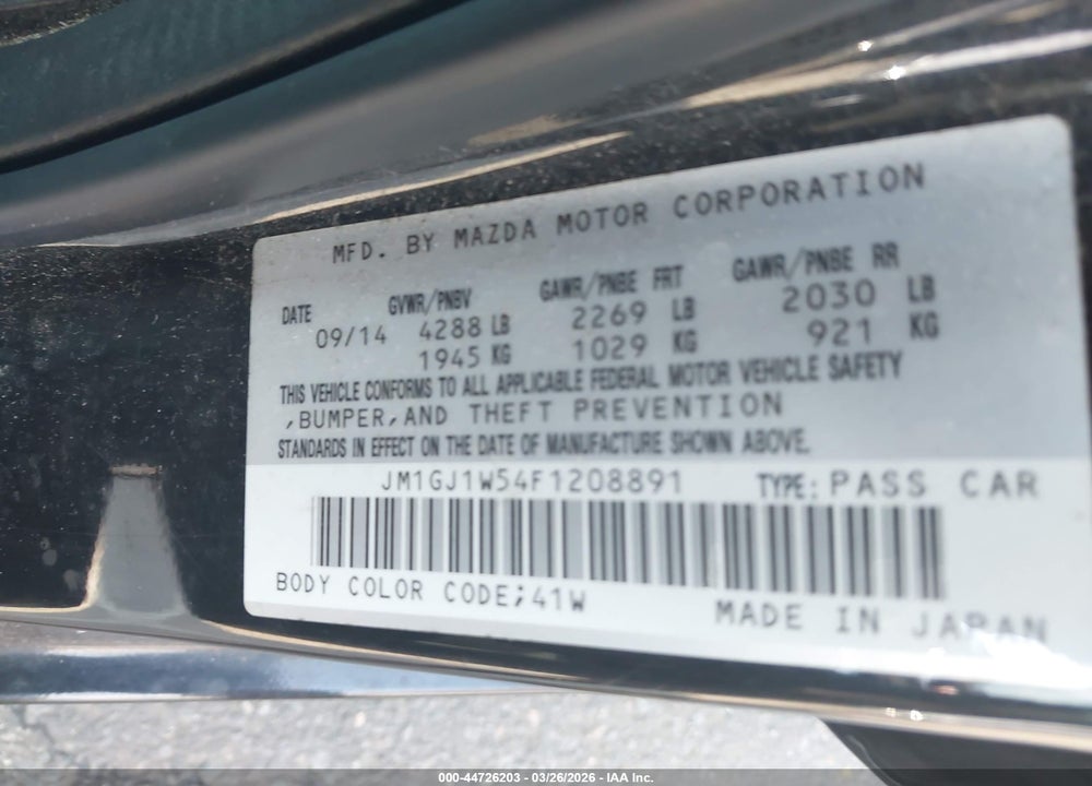 2015 MAZDA 6 I GRAND TOURING VIN: JM1GJ1W54F1208891