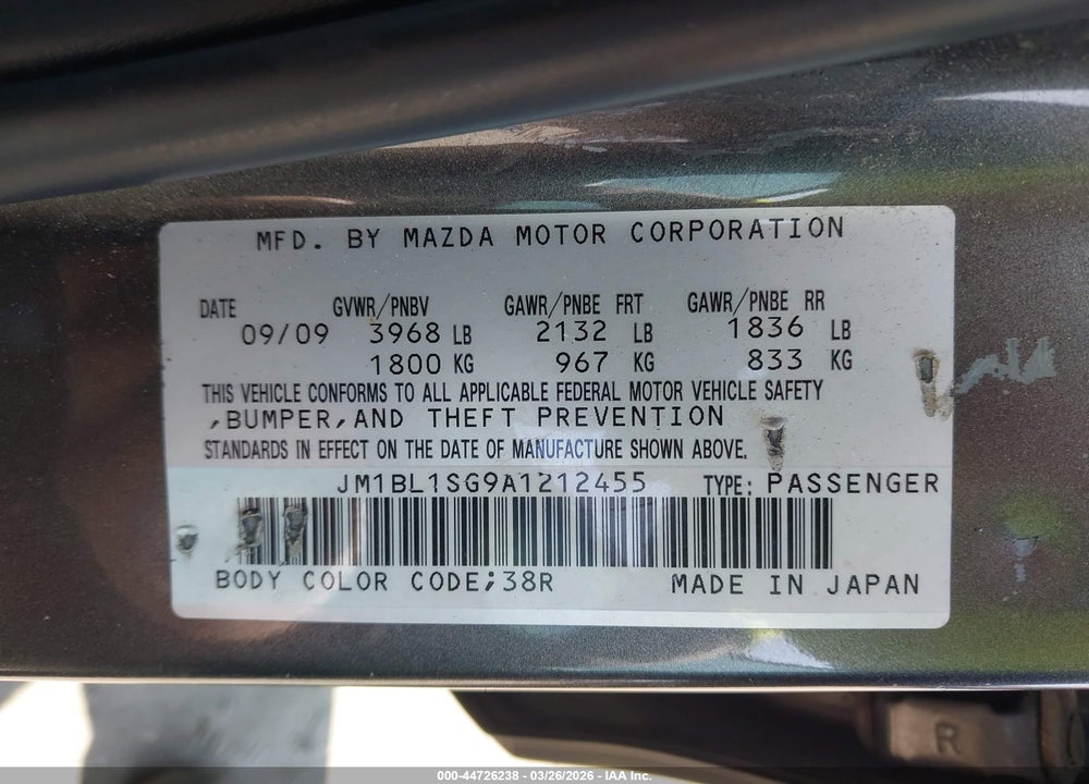 2010 MAZDA 3 I TOURING VIN: JM1BL1SG9A1212455