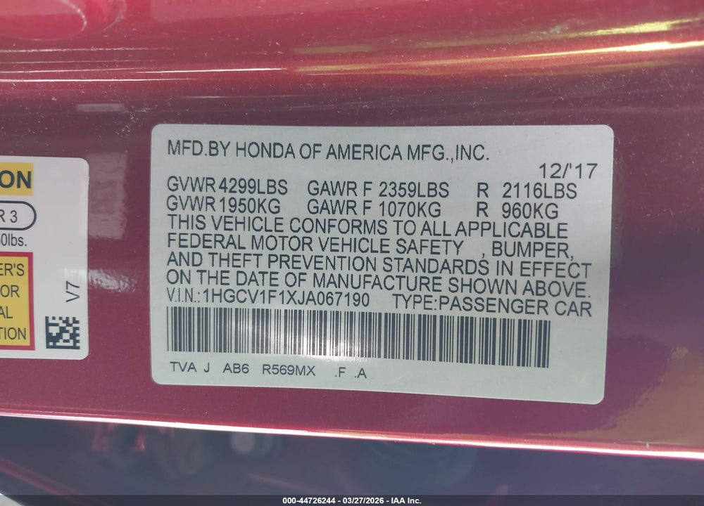 2018 HONDA ACCORD LX VIN: 1HGCV1F1XJA067190
