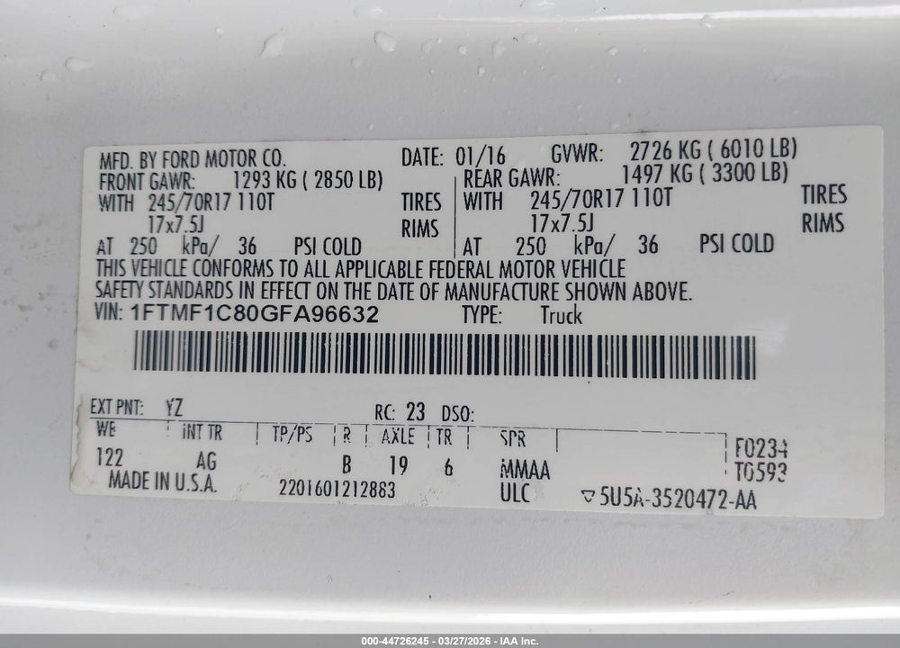 2016 FORD F-150 XL VIN: 1FTMF1C80GFA96632