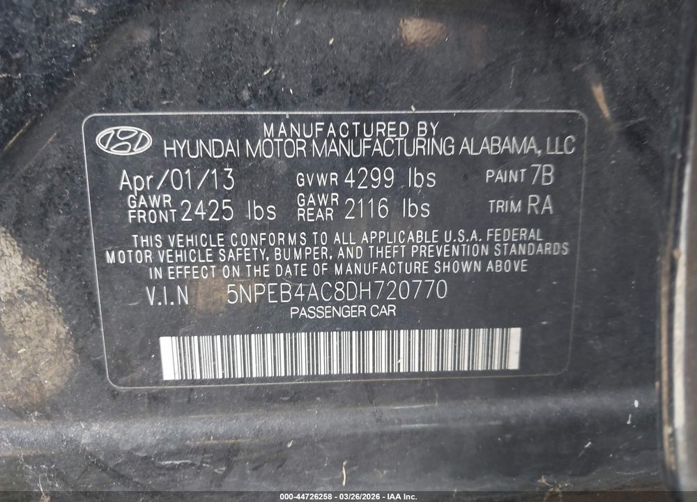 2013 HYUNDAI SONATA GLS VIN: 5NPEB4AC8DH720770