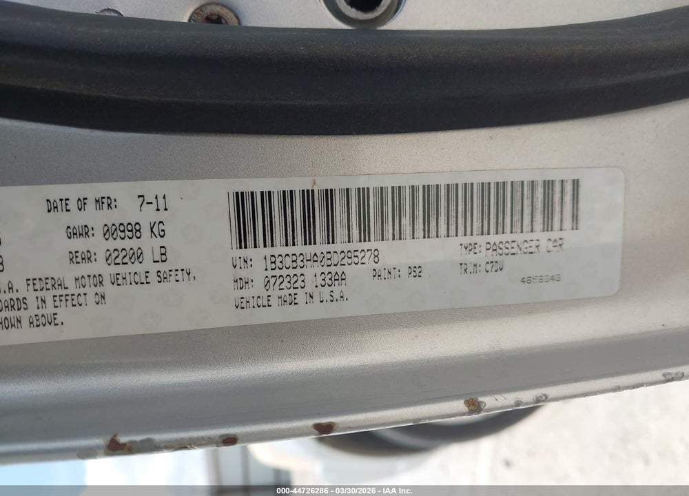 2011 DODGE CALIBER MAINSTREET VIN: 1B3CB3HA0BD295278