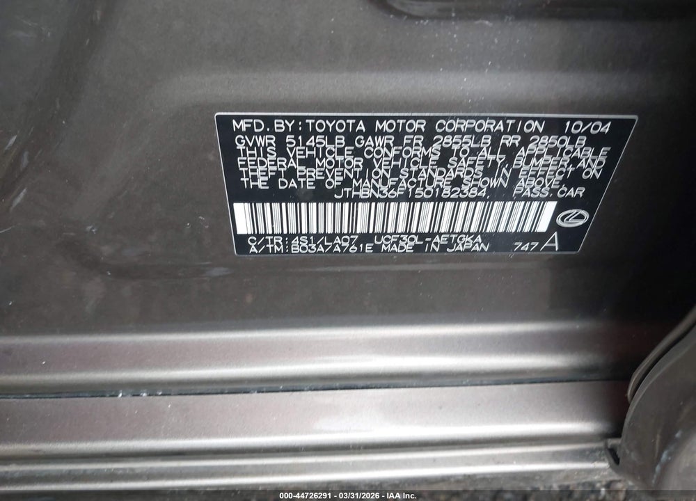 2005 LEXUS LS 430 VIN: JTHBN36F150182384