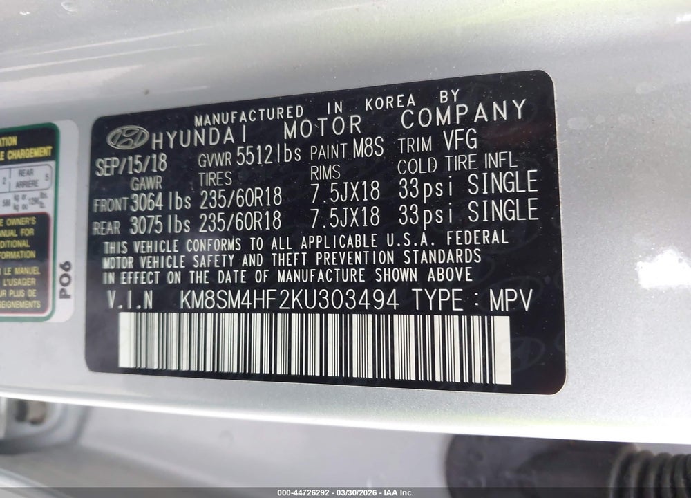 2019 HYUNDAI SANTA FE XL SE VIN: KM8SM4HF2KU303494