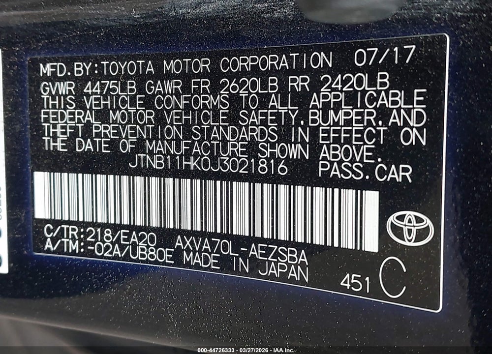 2018 TOYOTA CAMRY SE VIN: JTNB11HK0J3021816