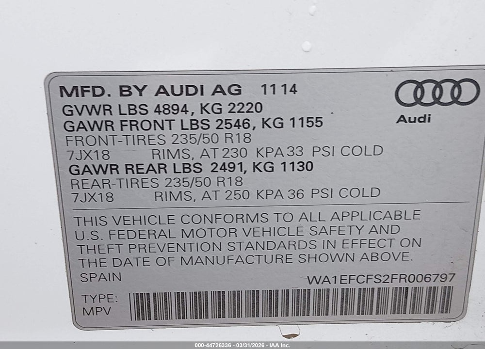 2015 AUDI Q3 PREMIUM VIN: WA1EFCFS2FR006797