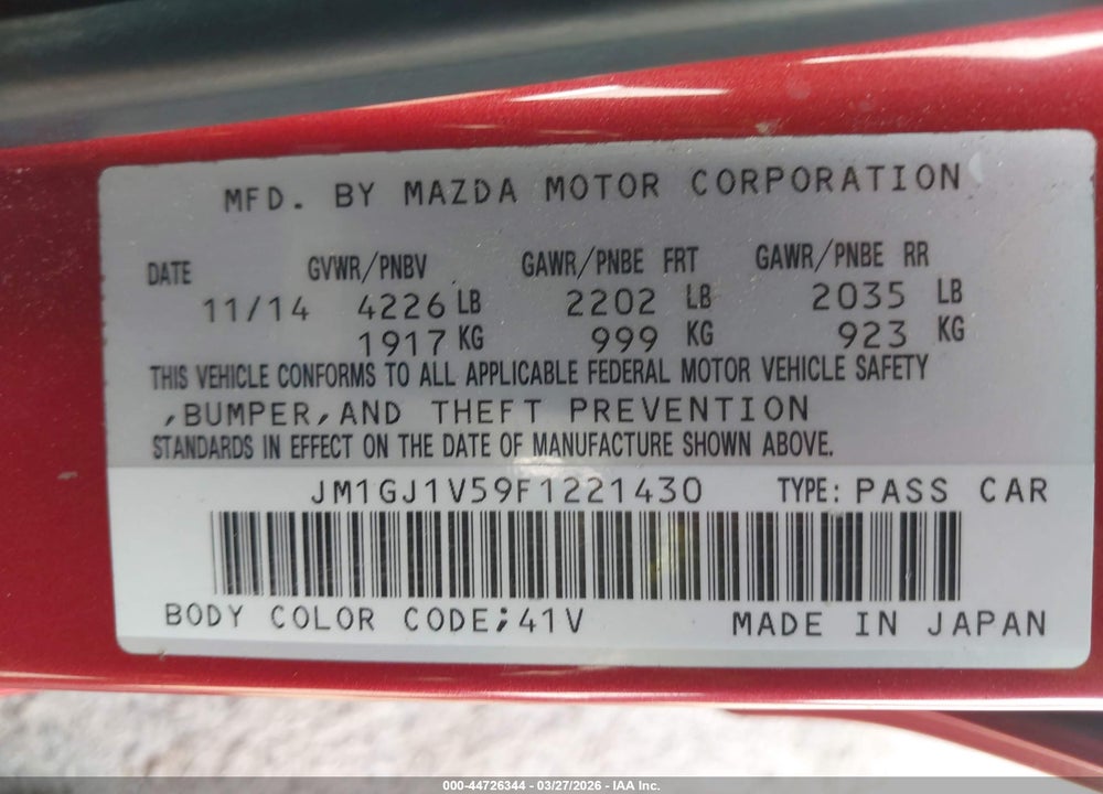 2015 MAZDA 6 I TOURING VIN: JM1GJ1V59F1221430