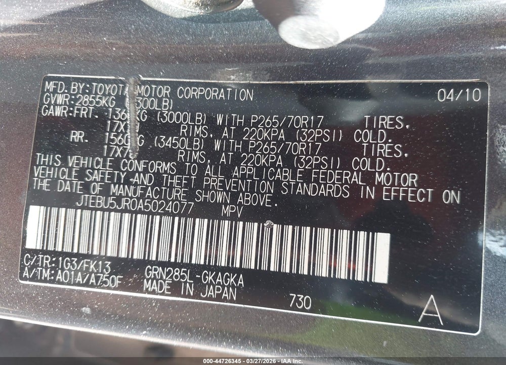 2010 TOYOTA 4RUNNER SR5 V6 VIN: JTEBU5JR0A5024077
