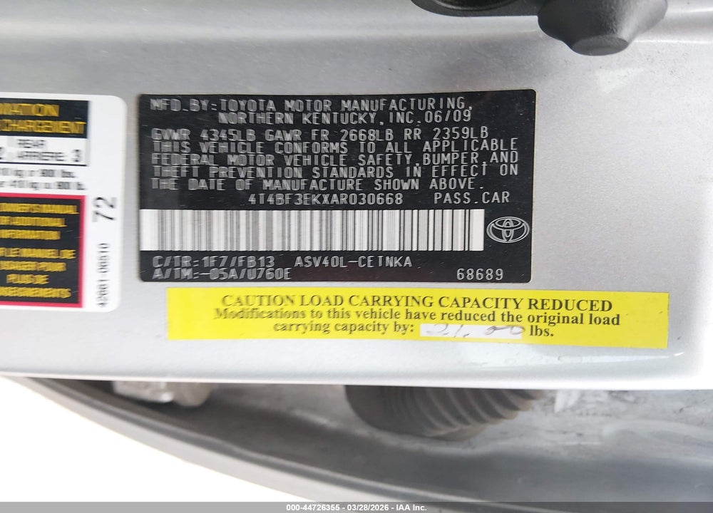 2010 TOYOTA CAMRY VIN: 4T4BF3EKXAR030668