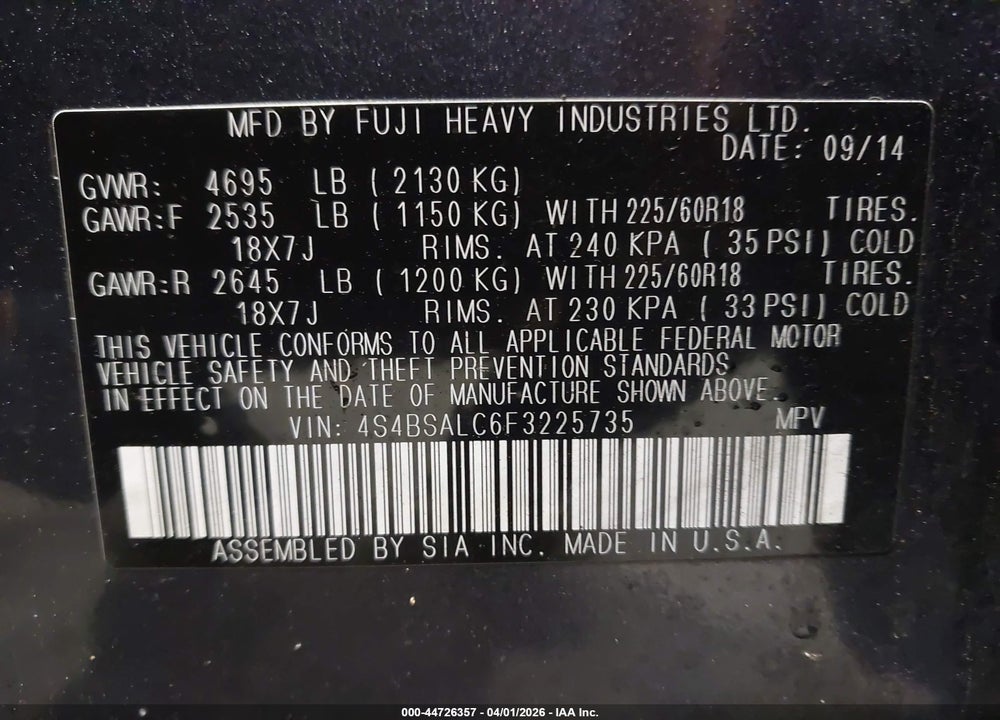 2015 SUBARU OUTBACK 2.5I LIMITED VIN: 4S4BSALC6F3225735
