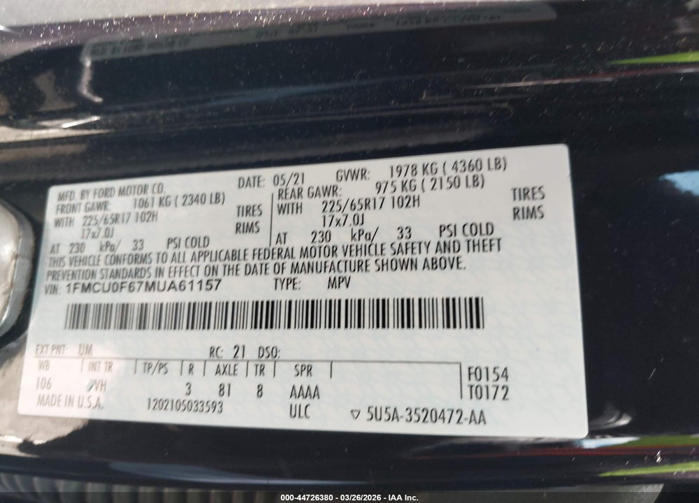 2021 FORD ESCAPE S VIN: 1FMCU0F67MUA61157