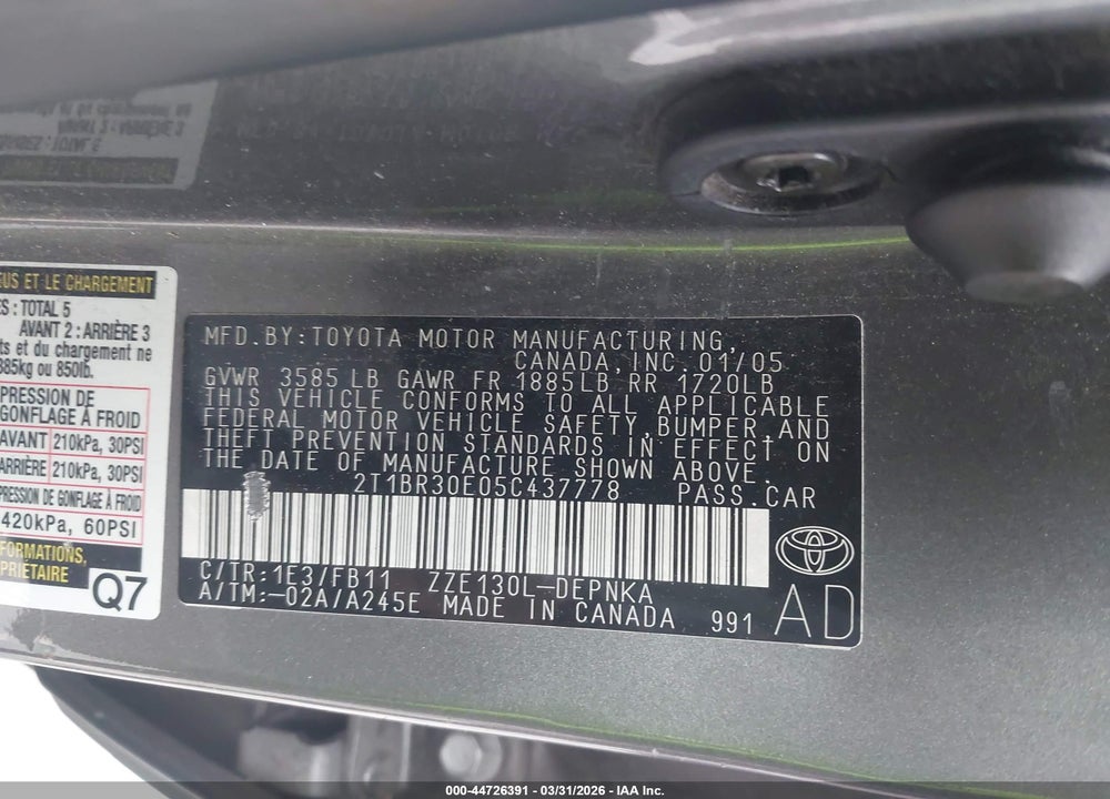 2005 TOYOTA COROLLA LE VIN: 2T1BR30E05C437778