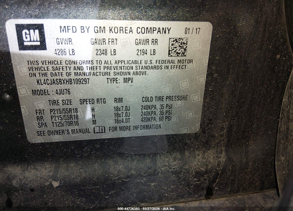 2017 BUICK ENCORE PREFERRED VIN: KL4CJASBXHB109297