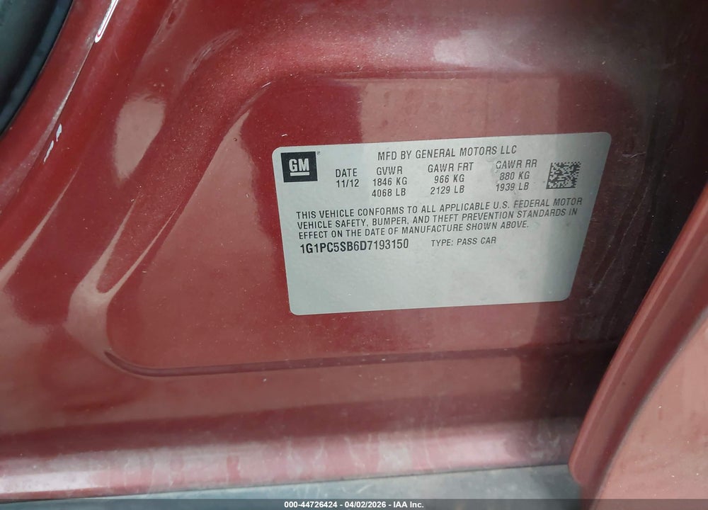 2013 CHEVROLET CRUZE 1LT AUTO VIN: 1G1PC5SB6D7193150