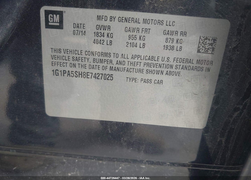 2014 CHEVROLET CRUZE LS AUTO VIN: 1G1PA5SH8E7427025