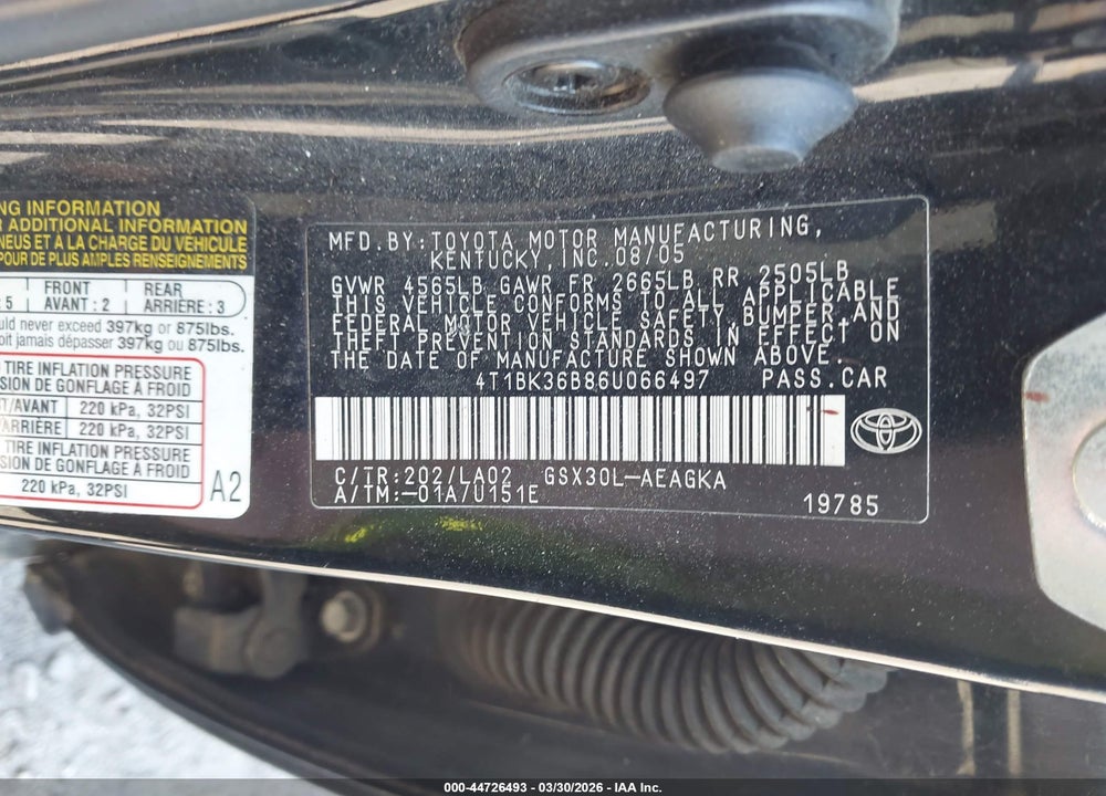 2006 TOYOTA AVALON XLS VIN: 4T1BK36B86U066497