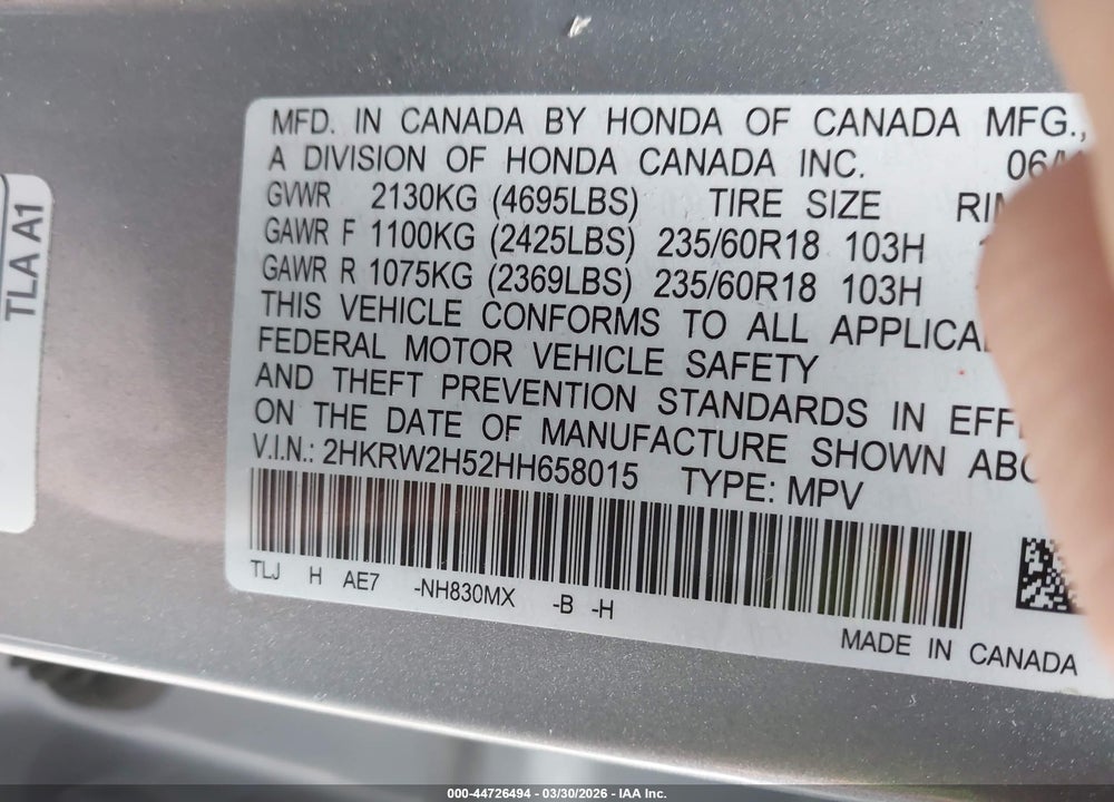 2017 HONDA CR-V EX VIN: 2HKRW2H52HH658015