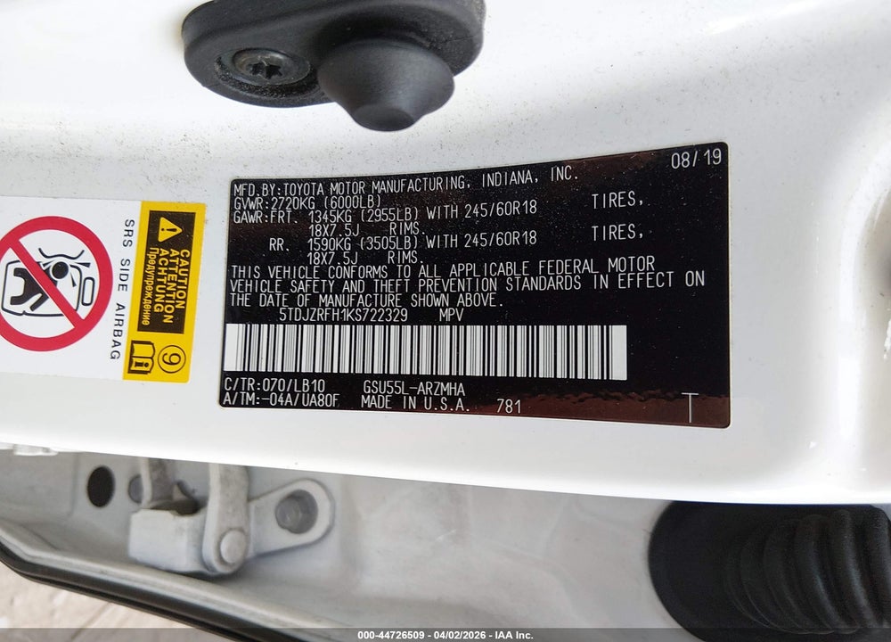 2019 TOYOTA HIGHLANDER XLE VIN: 5TDJZRFH1KS722329