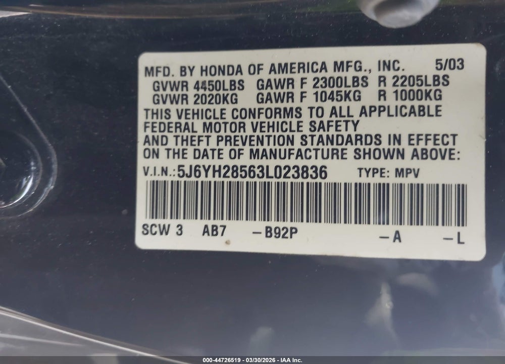 2003 HONDA ELEMENT EX VIN: 5J6YH28563L023836