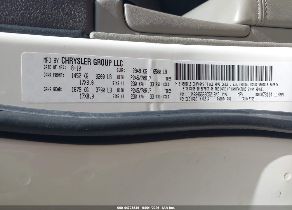 2011 JEEP GRAND CHEROKEE LAREDO VIN: 1J4RS4GG6BC521845