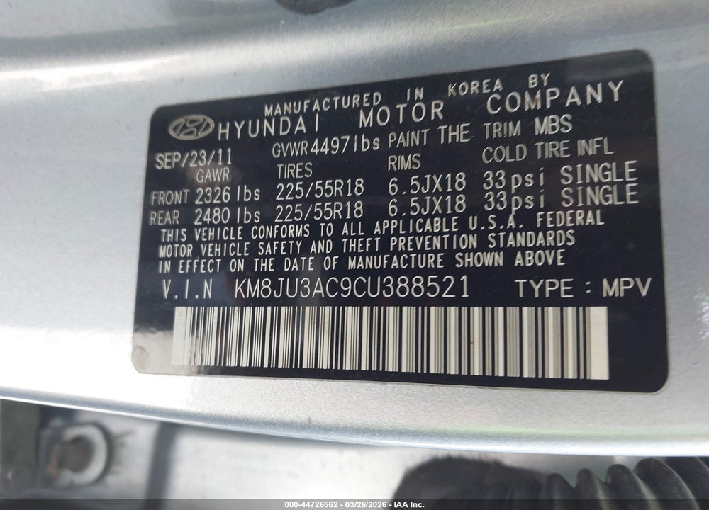 2012 HYUNDAI TUCSON LIMITED VIN: KM8JU3AC9CU388521