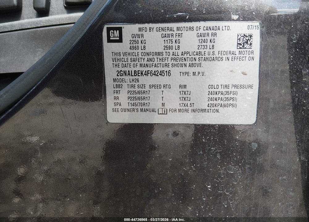 2015 CHEVROLET EQUINOX 1LT VIN: 2GNALBEK4F6424516