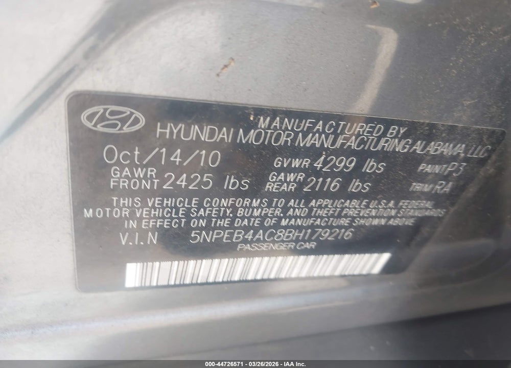 2011 HYUNDAI SONATA GLS VIN: 5NPEB4AC8BH179216