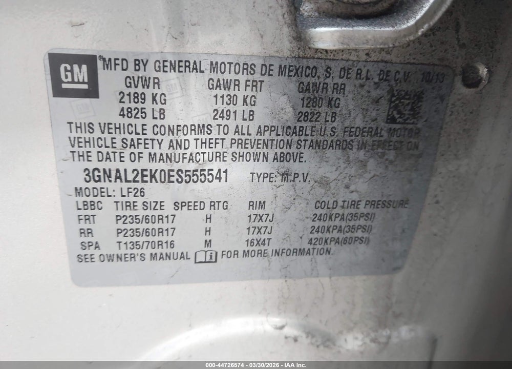 2014 CHEVROLET CAPTIVA SPORT 2LS VIN: 3GNAL2EK0ES555541