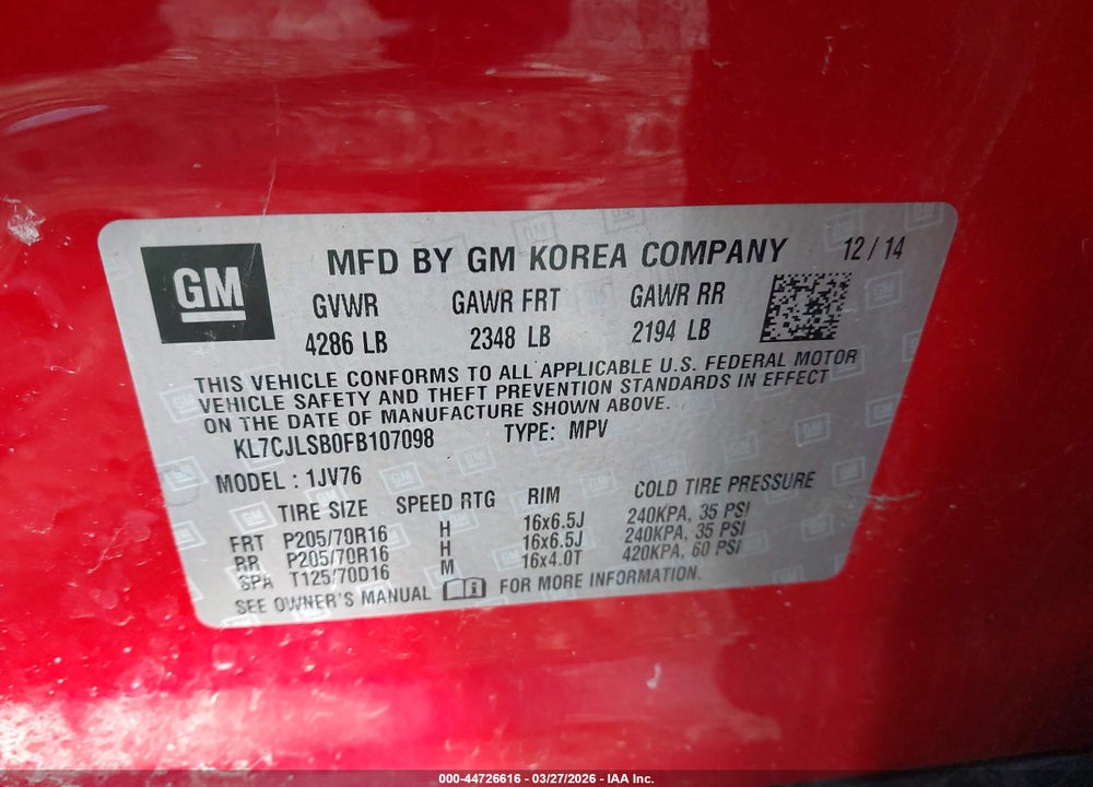 2015 CHEVROLET TRAX LT VIN: KL7CJLSB0FB107098