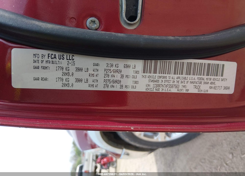 2015 RAM 1500 LAIE VIN: 1C6RR7NTXFS587563