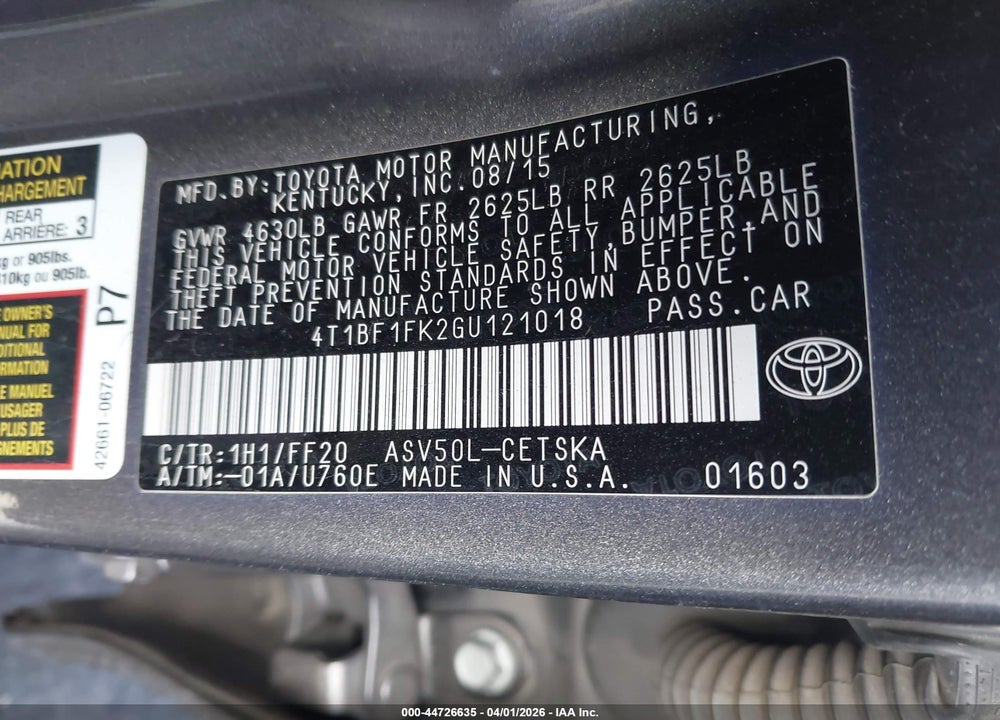2016 TOYOTA CAMRY SE VIN: 4T1BF1FK2GU121018