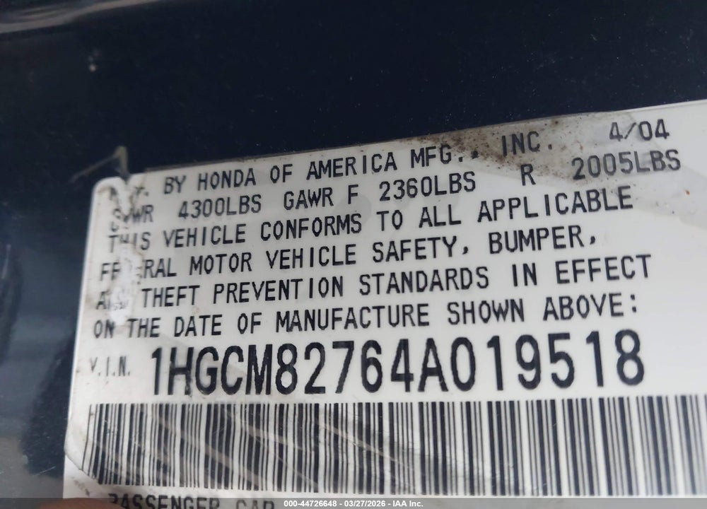 2004 HONDA ACCORD 3.0 EX VIN: 1HGCM82764A019518