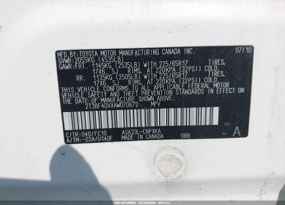 2010 TOYOTA RAV4 VIN: 2T3BF4DVXAW070672