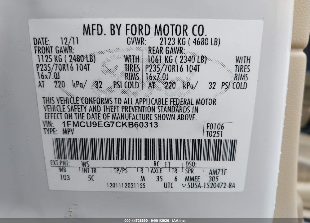 2012 FORD ESCAPE LIMITED VIN: 1FMCU9EG7CKB60313