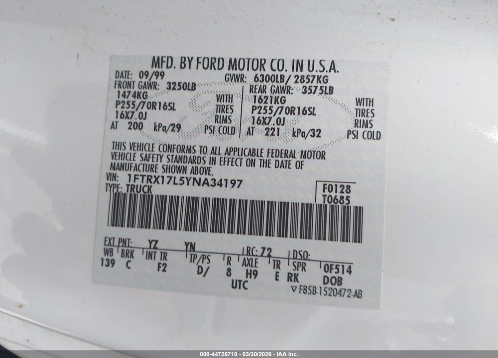 2000 FORD F-150 LARIAT/WORK SERIES/XL/XLT VIN: 1FTRX17L5YNA34197
