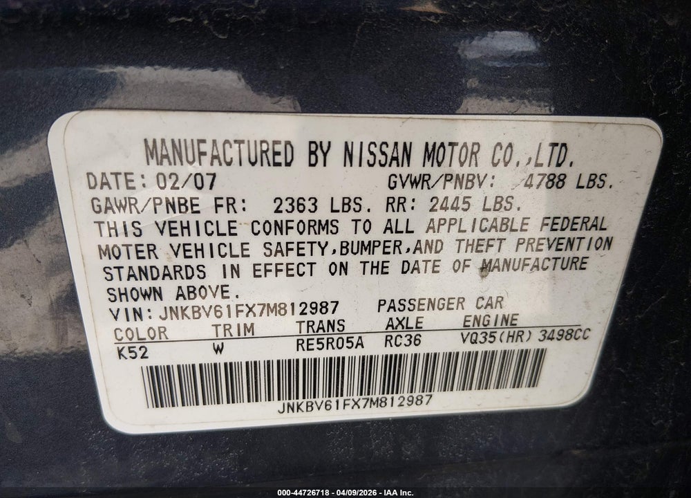 2007 INFINITI G35X VIN: JNKBV61FX7M812987