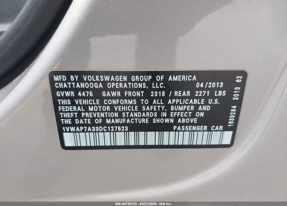 2013 VOLKSWAGEN PASSAT S VIN: 1VWAP7A33DC127523