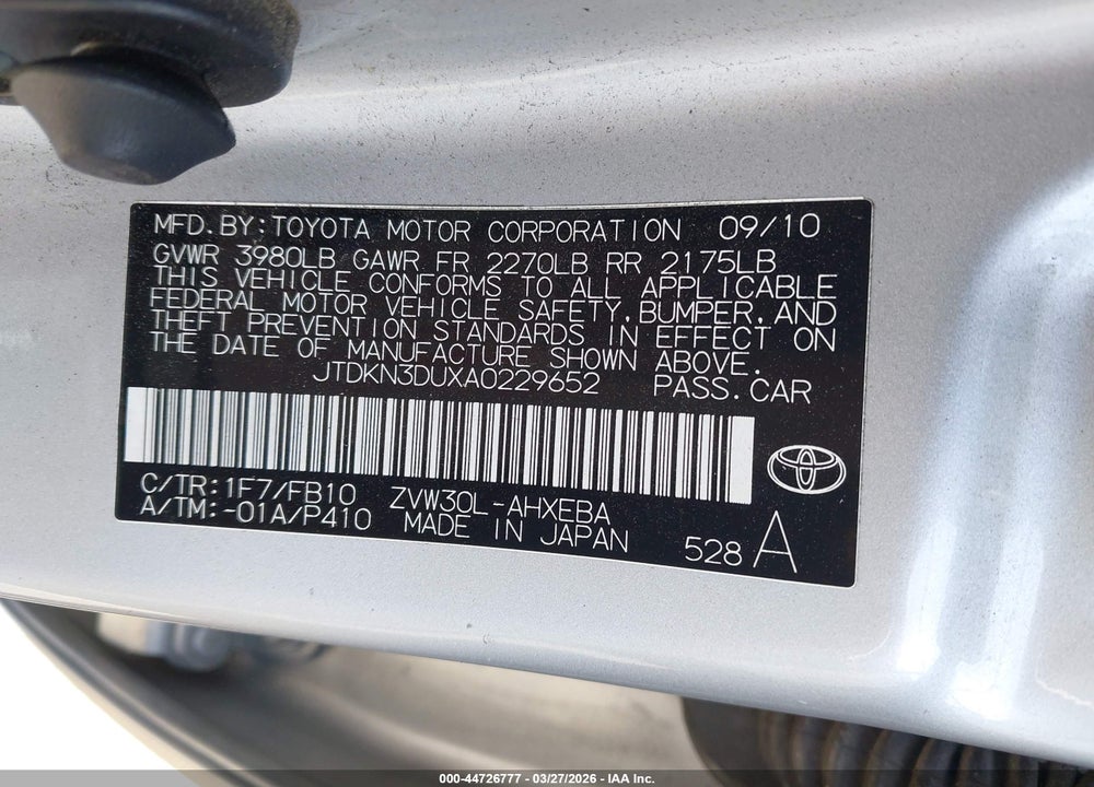 2010 TOYOTA PRIUS II VIN: JTDKN3DUXA0229652