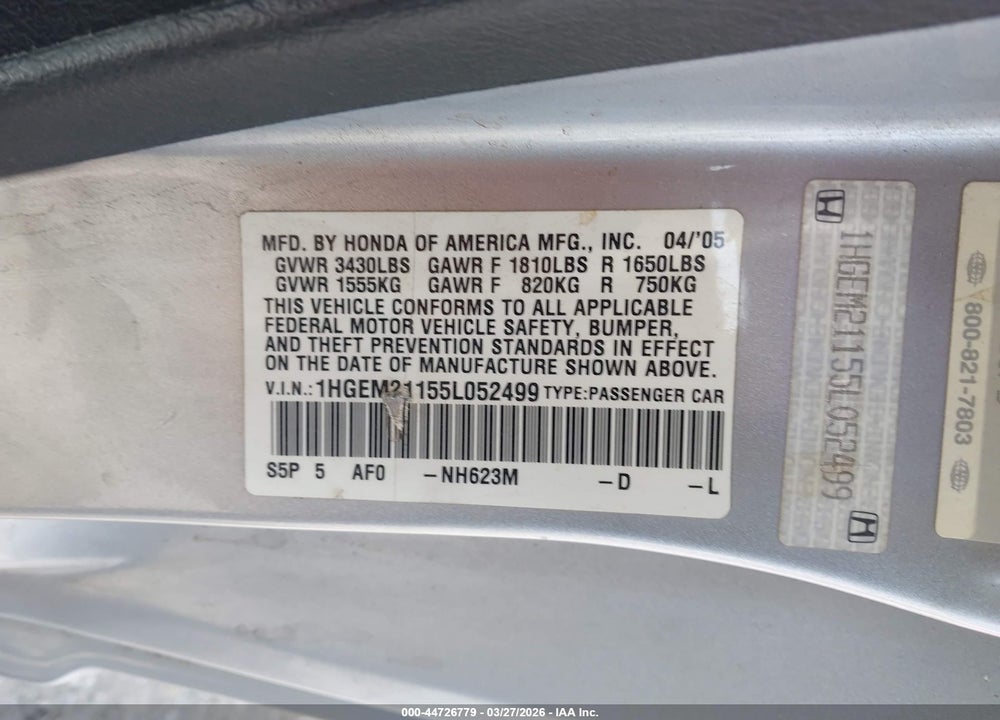 2005 HONDA CIVIC VP VIN: 1HGEM21155L052499