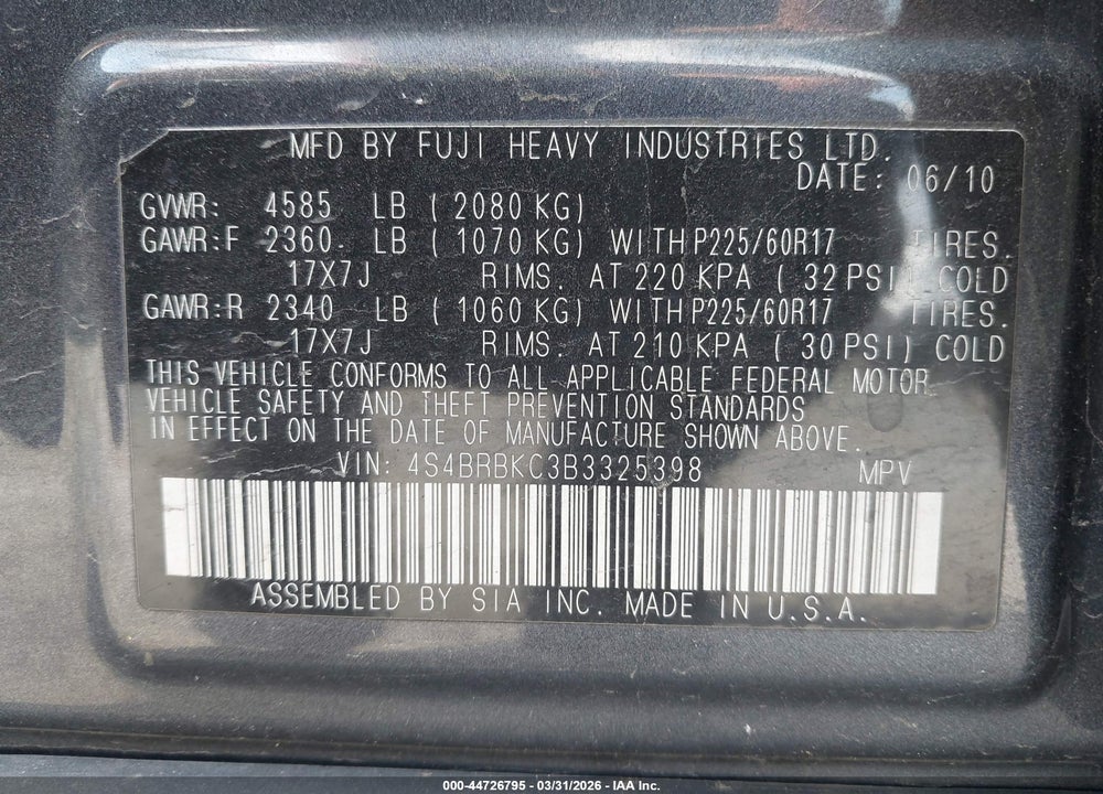 2011 SUBARU OUTBACK 2.5I LIMITED VIN: 4S4BRBKC3B3325398