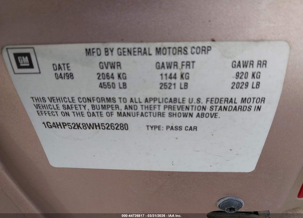 1998 BUICK LESABRE CUSTOM CMI VIN: 1G4HP52K8WH526280