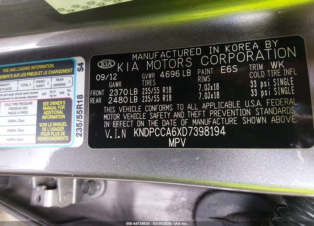 2013 KIA SPORTAGE VIN: KNDPCCA6XD7398194